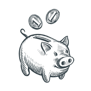 储蓄罐和硬币素描。 钱箱业务概念。 手绘矢量