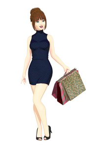 一个美丽的年轻微笑的女人拿着购物袋的插图。 一个系列。 理想的可爱和调情的书封面艺术，以及一系列其他设计用途。 孤立在白色背景上