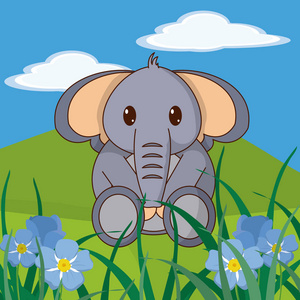 大象可爱动物景观卡通矢量插图平面设计