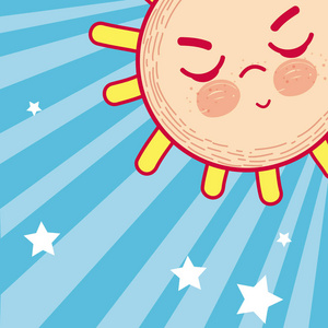 可爱的太阳漫画在天空与星矢量插图平面设计