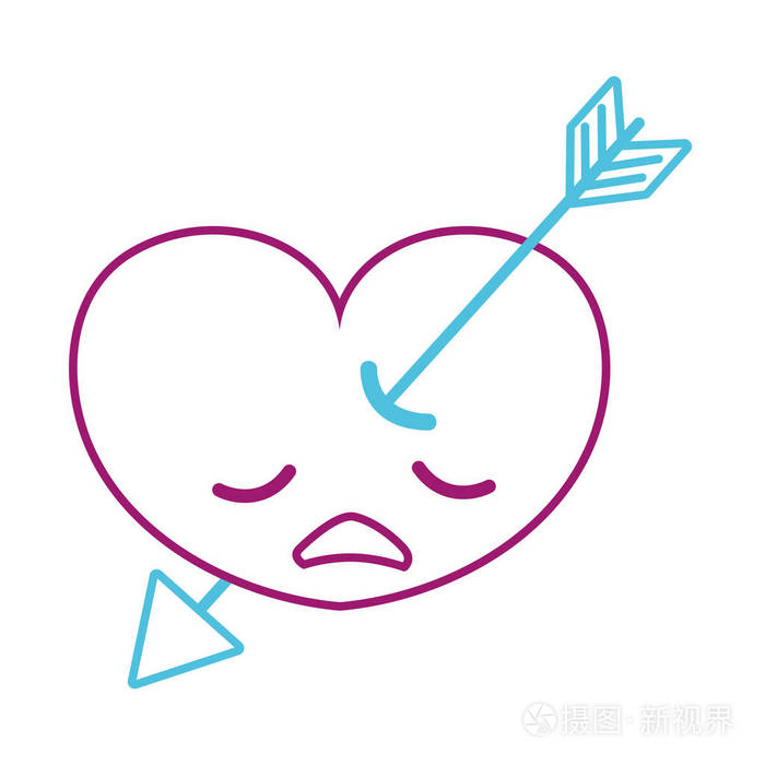 彩色线悲伤的心箭头卡瓦伊字符矢量插图