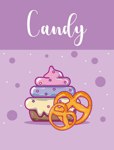 甜冰淇淋和椒盐卷饼卡通矢量插图平面设计