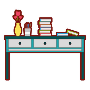 线彩色木桌与抽屉，物体和书籍矢量插图