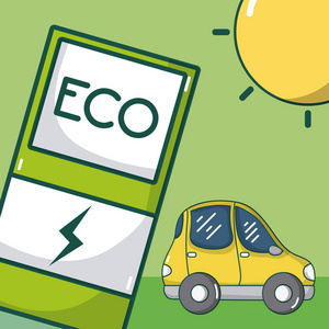 电动汽车与Ecofuel和太阳矢量插图图形设计