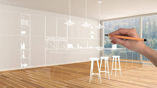 空白色室内，镶花地板，大全景窗手画，定制建筑设计，白墨素描蓝图，展示现代厨房