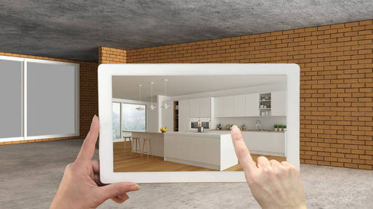 增强现实概念。 手持式平板电脑与AR应用，用于模拟家具和设计产品在室内建筑工地，现代厨房与岛屿