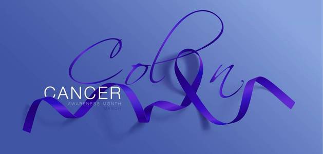 结肠癌意识书法海报设计。 现实的深蓝色丝带。 三月是癌症意识月。 矢量插图