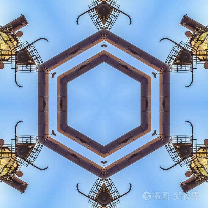 镜像对称反射轴上的几何万花筒图案.