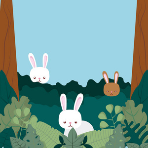 兔子森林可爱动物卡通矢量插图平面设计