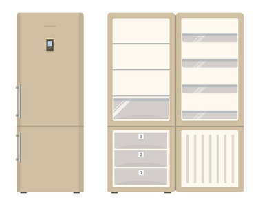 一个空冰箱,有一扇敞开的门,没有食物. 食品和饮料储存设备.