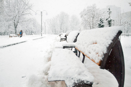 冬天的美丽。 公园里满是雪，人们的剪影。 孤独的概念。 季节性的美丽
