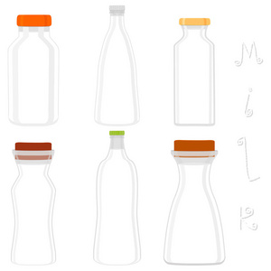 插图主题大集不同类型的冷冻牛奶奶瓶各种大小。 牛奶饮料由收集配件奶瓶到有机餐。 牛奶从瓶子盖上。