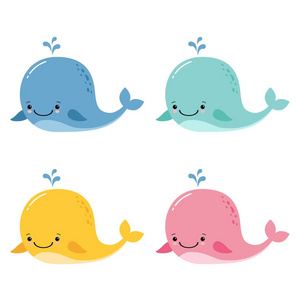 设置4五颜六色的可爱有趣的鲸鱼, 打印图像, 矢量插图