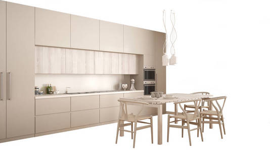 现代白色和奶油厨房与餐桌，室内设计理念，隔离在空白背景与复制空间，简约家具