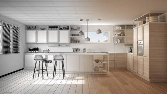 建筑师室内设计师的概念未完成的项目成为现实，厨房与木制细节和镶木地板，极简的设计理念，岛与凳子