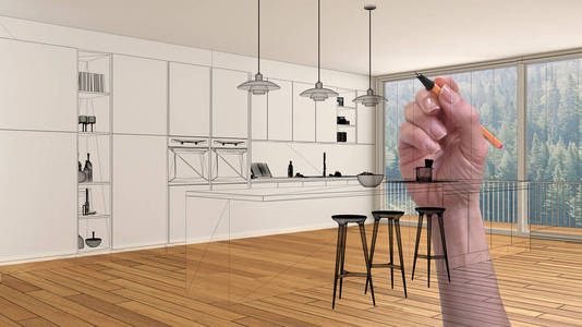 空白色内饰与镶木地板和大全景窗，手绘定制建筑设计，黑色墨水素描，蓝图显示现代厨房