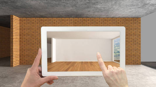 增强现实概念。手持平板电脑与AR应用，用于模拟家具和设计产品在室内建筑工地，空室内与全景