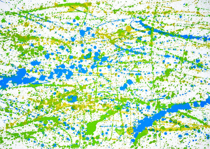 手工绘制的抽象绿色，蓝色和黄色的颜色溅在白纸背景上。