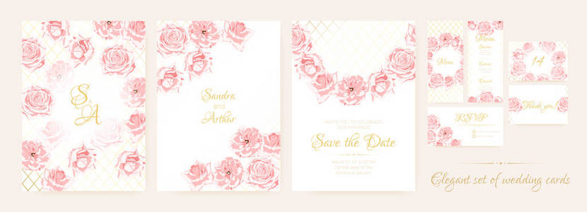 婚礼卡片设置精致的粉红玫瑰