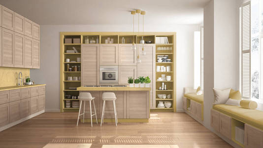 现代黄色厨房与木制细节，当代豪华公寓与镶木地板，复古室内设计，建筑，开放空间，客厅，概念理念。
