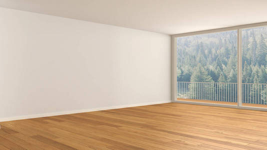 空房室内设计,大全景窗开放空间,绿草如茵的阳台,实木复合地板,现代