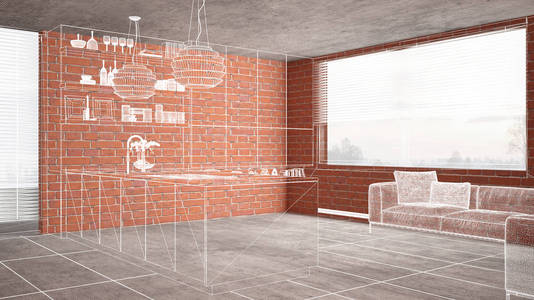 家庭装修房屋开发概念背景室内设计建筑定制建筑设计白墨水草图描绘现代厨房