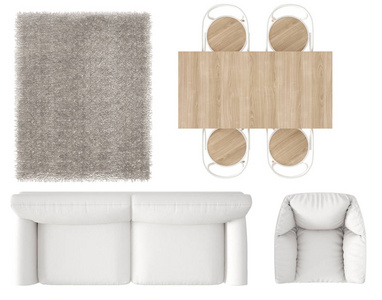 于战争现实的家具,沙发,扶手椅,餐桌,椅子和毛皮地毯,白色,现代极简