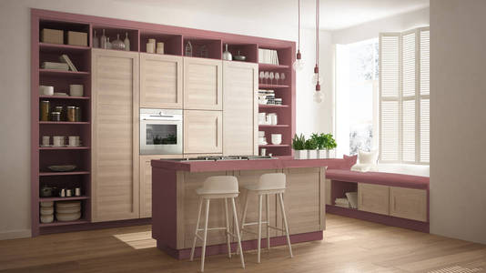 现代红色厨房，木质细节，现代豪华公寓，镶木地板，复古室内设计，建筑开放空间客厅概念理念