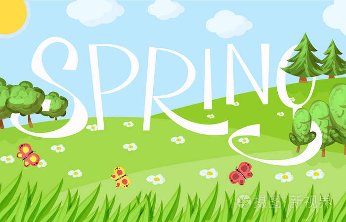 春天的卡通景观与树, 云和花