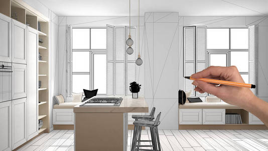 概念,室内设计,草图,手绘,真实厨房草图,蓝图,背景,建筑师和设计师