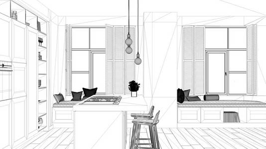 室内设计项目黑白墨素描建筑蓝图，展示当代豪华公寓现代厨房与镶木地板当代建筑