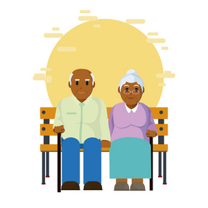 可爱的祖父母坐在木椅矢量插图平面设计
