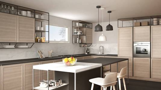 现代白色和灰色厨房，木制细节和镶木地板，现代吊灯，极简的室内设计理念，岛与凳子和配件。