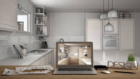 设计师桌面概念笔记本电脑木制办公桌与屏幕显示室内设计项目蓝图草案背景现代白色厨房木制细节