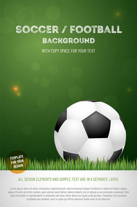 模板，您的足球海报与球在草地和模糊的Bokeh光背景和复制空间为您的文本矢量插图。