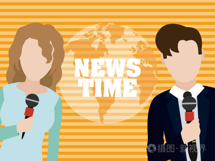 新闻时间,世界,记者团队,化身,卡通矢量插图,平面设计