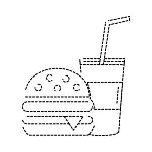 杯子中的虚线形状汉堡包和饮料快餐矢量插图