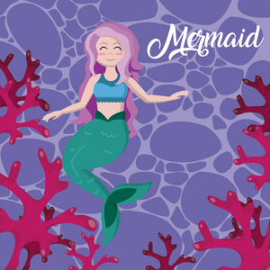 矢量插图美丽的美人鱼矢量卡通插图无缝美人鱼可爱画彩色图案.