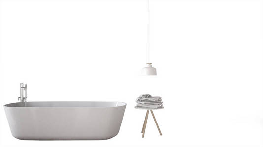现代白色浴室与浴缸和配件室内设计理念隔离白色背景与复制空间极简家具