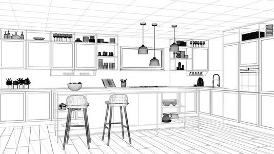 室内设计项目黑白墨素描建筑蓝图，展示现代厨房岛与凳子和配件当代建筑