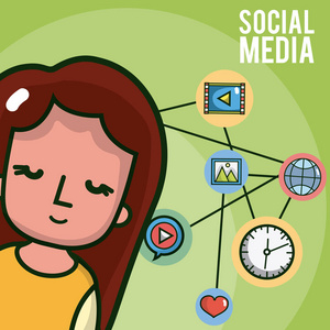 有社交媒体和网络符号的女孩卡通矢量图平面设计