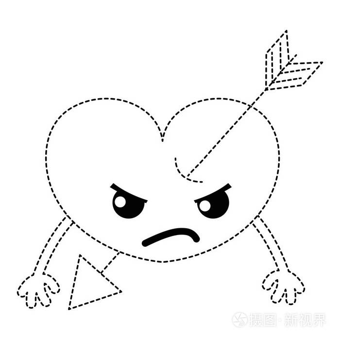 虚线形状愤怒的心与箭头kawaii和手臂矢量插图.
