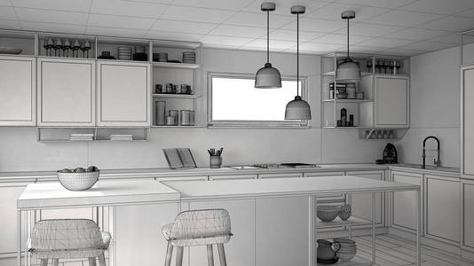 未完成的项目草案厨房与木制细节和镶木地板现代吊灯极简的室内设计概念岛与凳子和配件。