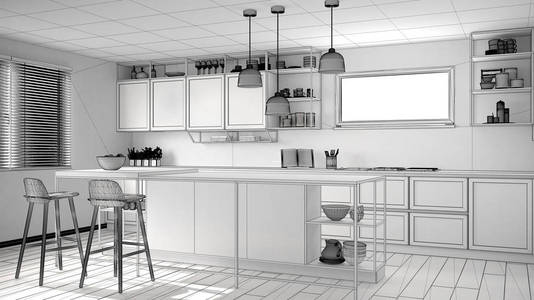 未完成的项目草案厨房与木制细节和镶木地板现代吊灯极简的室内设计概念岛与凳子和配件。