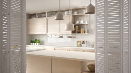 白色折叠门打开现代白色厨房与木制细节和地板白色室内设计设计师概念模糊背景