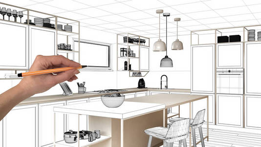 建设中未完成的项目设计草案概念室内设计草图手绘真实厨房草图蓝图背景建筑师和设计师理念