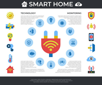 数字矢量无线智能和数字住宅简单图标，平面式信息图形