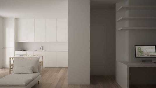 小公寓与镶木地板家庭工作场所与角落办公桌在白色客厅与厨房办公室极简风格现代建筑概念
