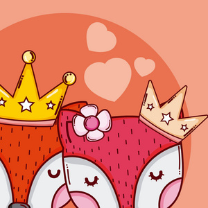 可爱的国王和王后狐狸卡通矢量插图图形设计