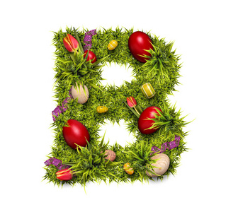 复活节假期字母b由新鲜的青草和复活节彩蛋制成，白色背景分离